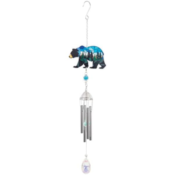 Hanging wind chime with a bear-shaped ornament and silver tubes