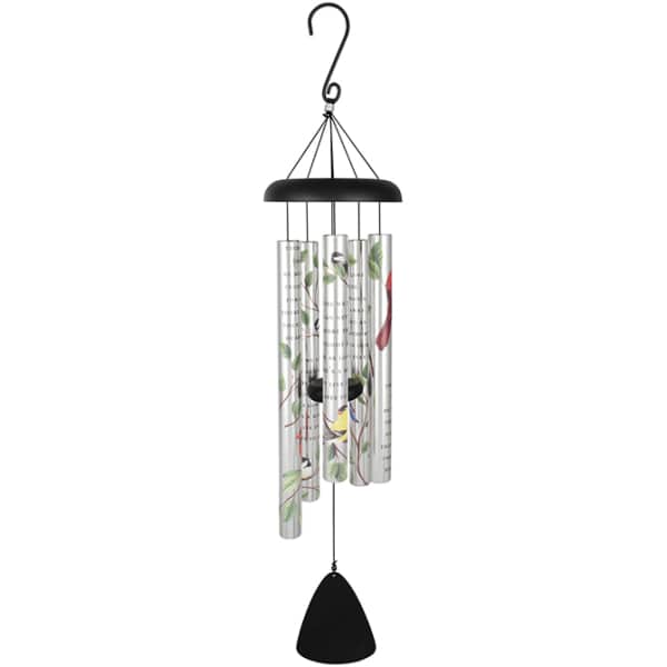Hanging metal wind chime with printed tubes and a black striker