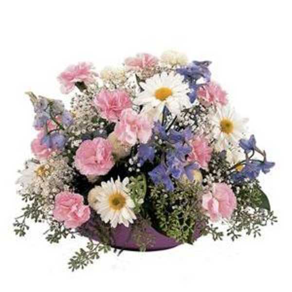 Mixed bouquet of pink, white, and purple flowers in a purple container