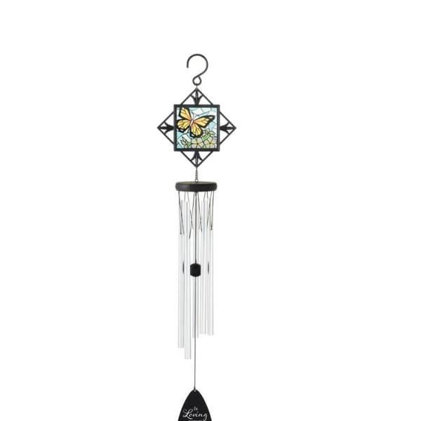 Hanging wind chime with a butterfly stained-glass panel