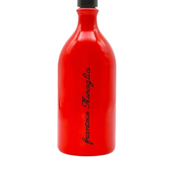 Red bottle with a black cap and vertical black text
