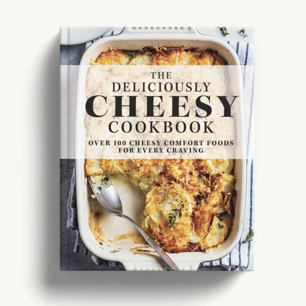 Cookbook cover with a baked cheesy dish in a casserole pan