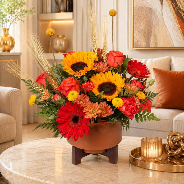 Bright mixed flower arrangement in a low brown container