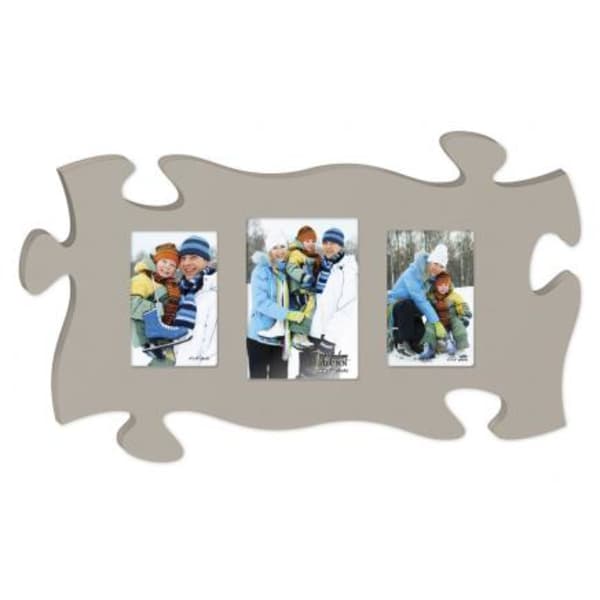 Puzzle-piece photo frame with three winter family pictures