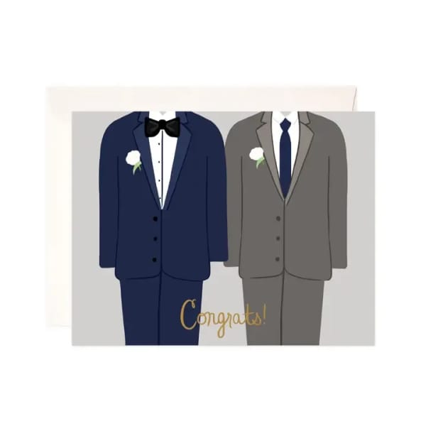 Congrats card with two illustrated grooms in suits