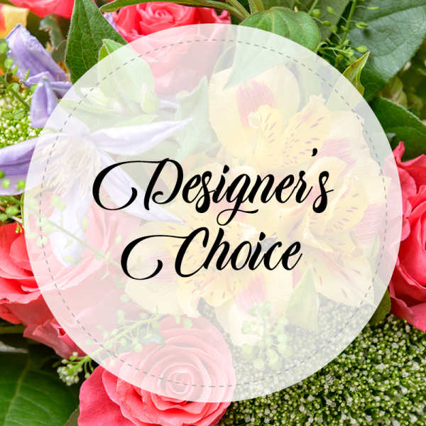 Mixed bouquet of pink roses and pale lilies with a designer choice label