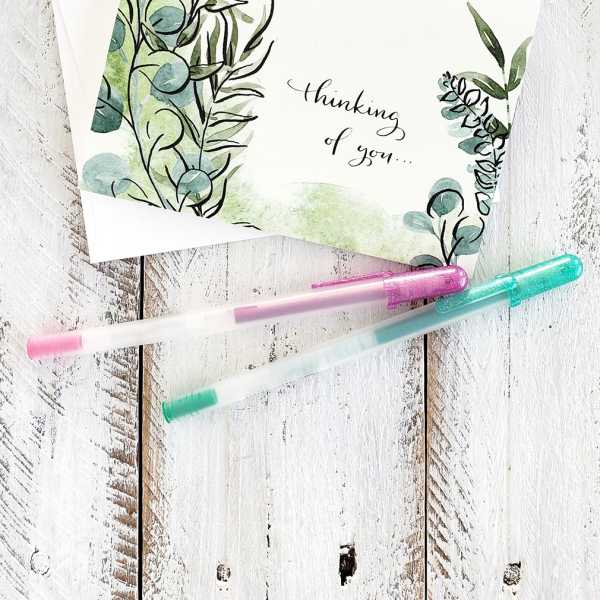 Thinking of you cards with watercolor greenery and glitter pens
