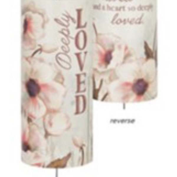 Two hanging memorial wind chimes with floral prints and "Loved" text