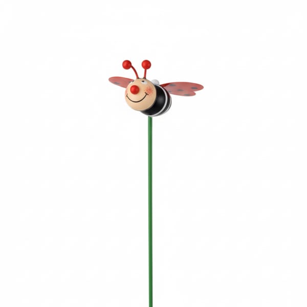 Ladybug garden pick with a smiling face and red wings on a green stake
