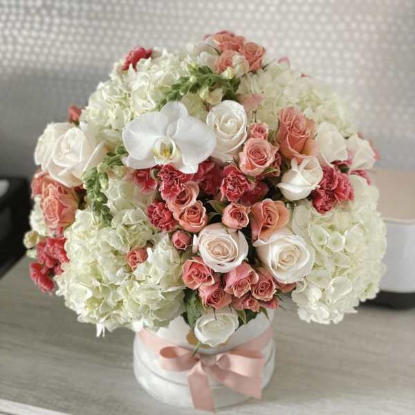 Round bouquet of white hydrangeas, pink roses, and white orchids in a white box with a pink ribbon