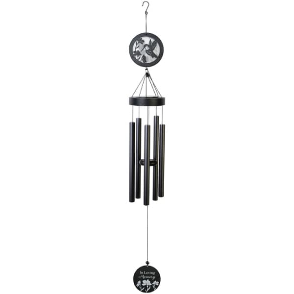 Black memorial wind chime with a hummingbird and "In Loving Memory" plaque
