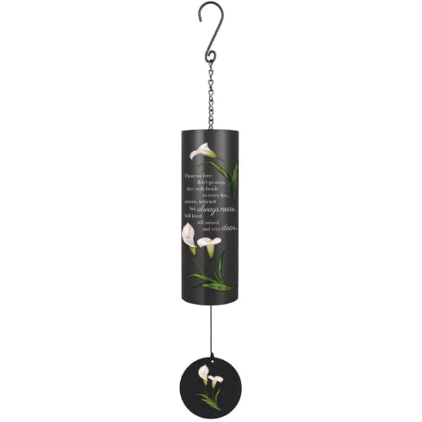 Black hanging wind chime with white calla lily design and memorial text