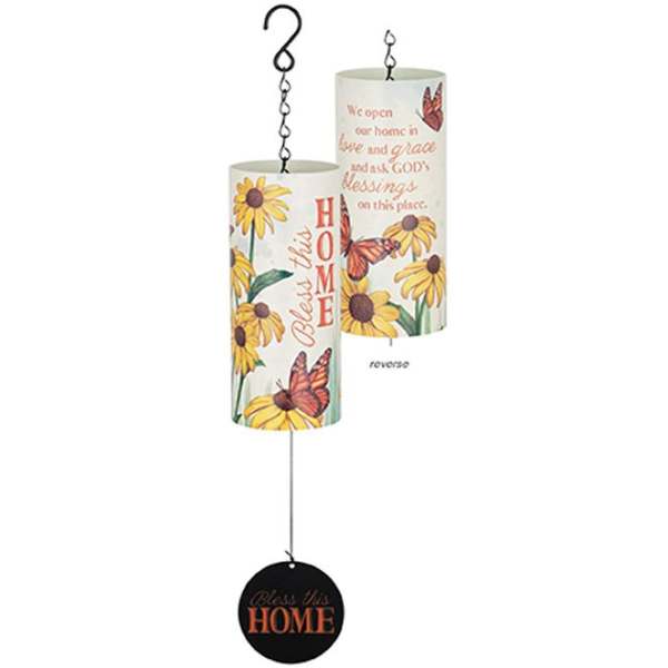 Two hanging home decor cylinders with sunflower and butterfly designs