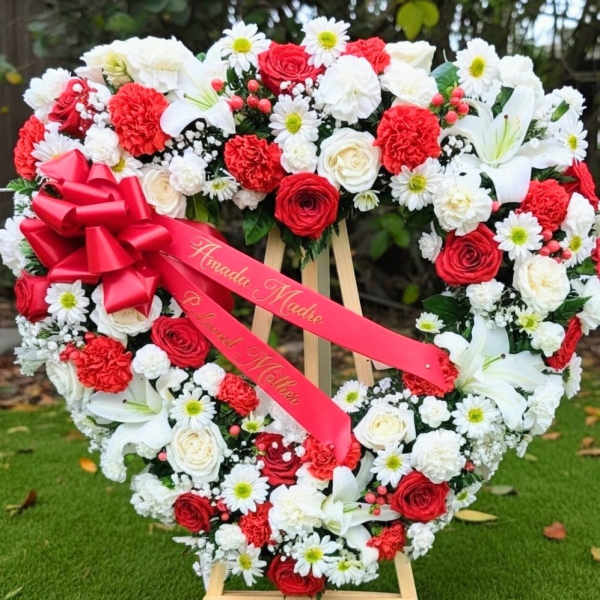 Heart-shaped floral wreath with red and white flowers and a pink ribbon