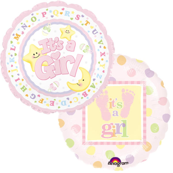 Two pastel baby shower balloons with "It's a Girl" and gender reveal text
