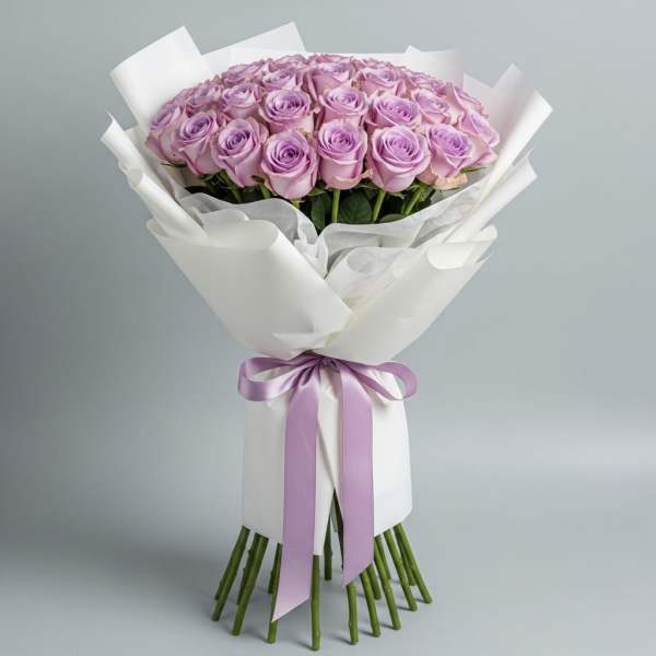Bouquet of lavender roses wrapped in white paper with a purple ribbon