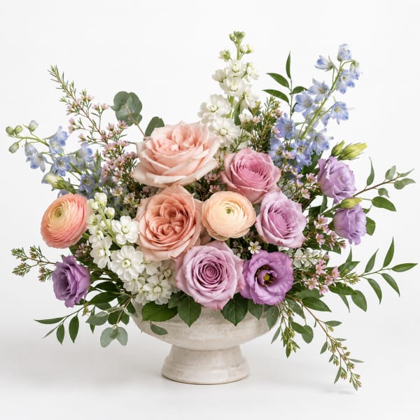 Pastel mixed bouquet in a white pedestal vase