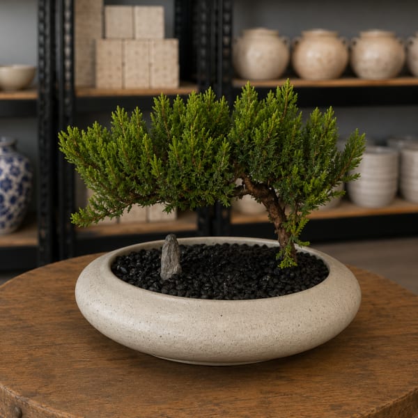 Potted bonsai-style evergreen in a shallow ceramic bowl