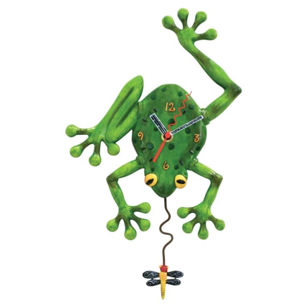 Green frog-shaped wall clock with a dangling dragonfly pendulum