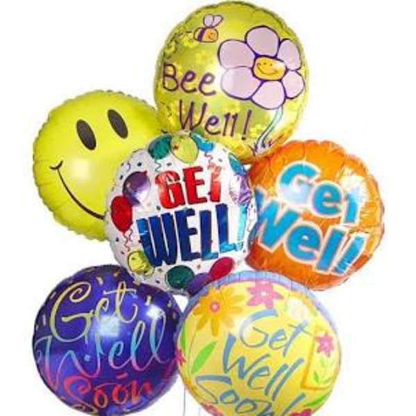 Five colorful get-well balloons with cheerful messages