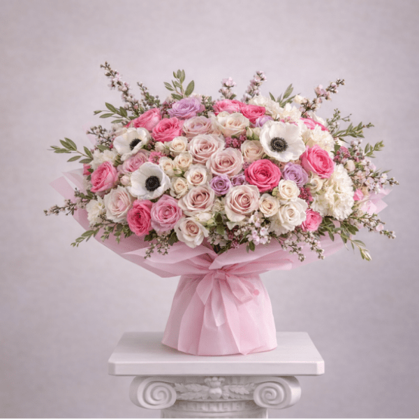 Large bouquet of pink and white roses with anemones wrapped in pink paper