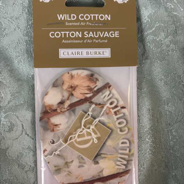 Packaged wild cotton scented air freshener with cotton boll artwork
