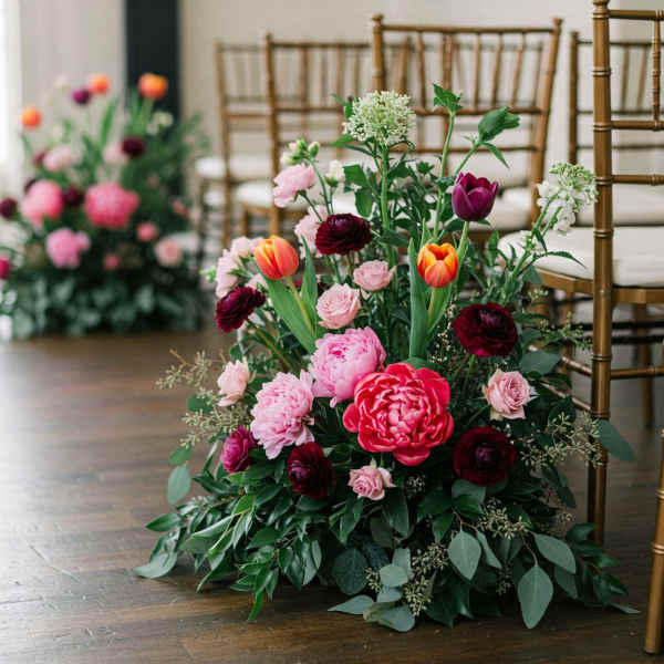 Low floral arrangement with pink peonies, tulips, and roses