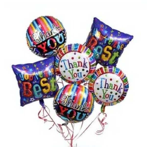 Cluster of colorful thank-you balloons with ribbon tails