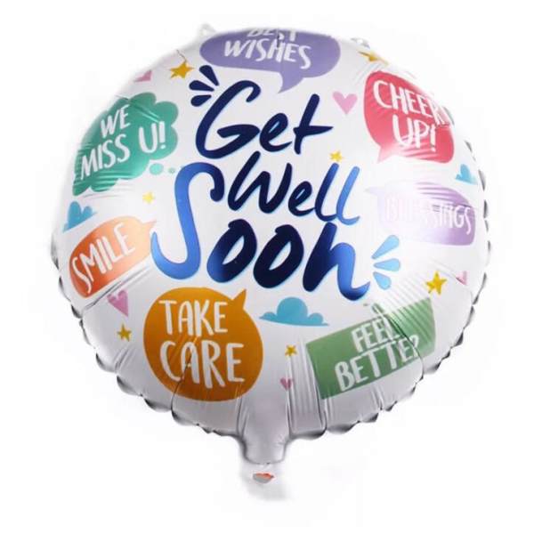 Round foil balloon with "Get Well Soon" and colorful messages