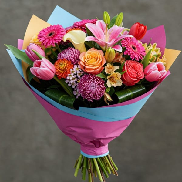 Bouquet of pink, peach, and white flowers wrapped in bright paper