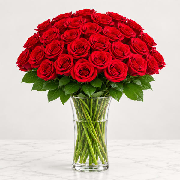 Red roses arranged in a clear glass vase
