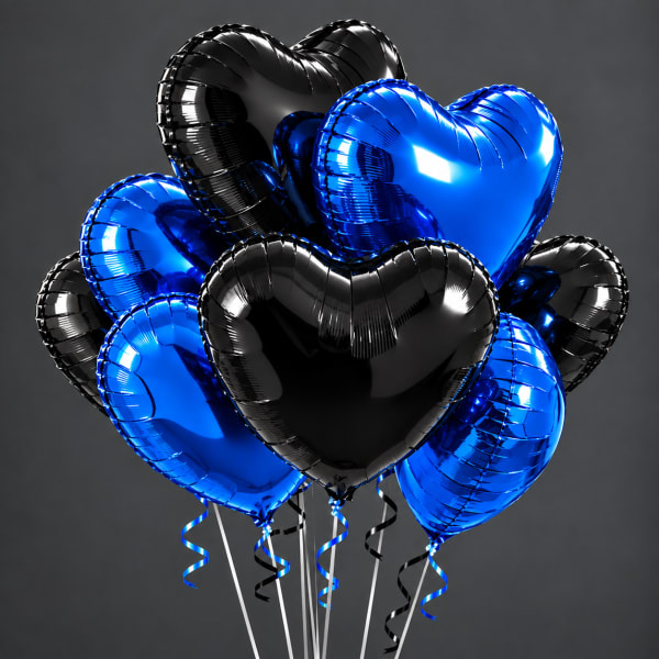 Cluster of blue and black heart-shaped balloons with curling ribbons