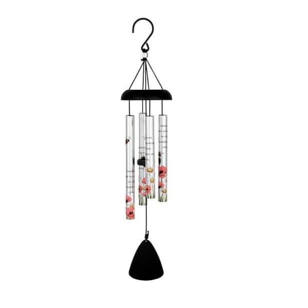 Black hanging wind chime with printed floral tubes and a bell