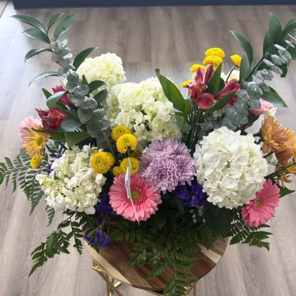 Mixed bouquet with hydrangeas, gerbera daisies, and chrysanthemums