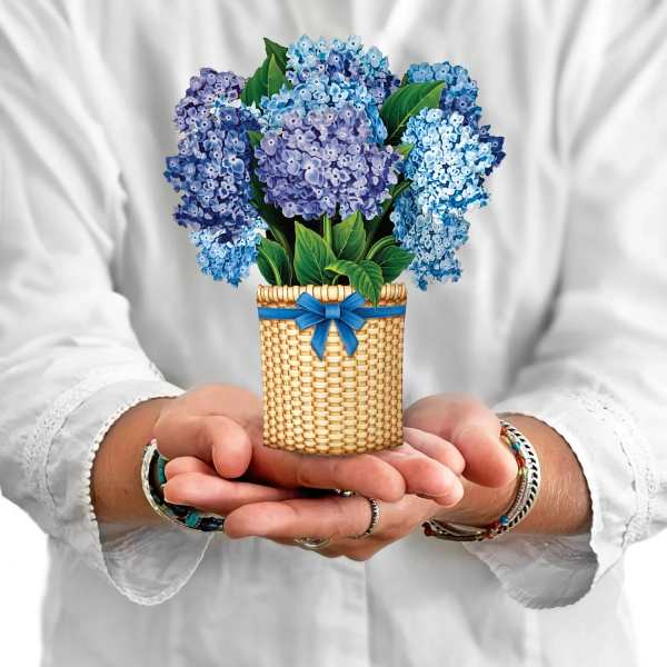 Blue and purple hydrangeas in a woven basket with a ribbon