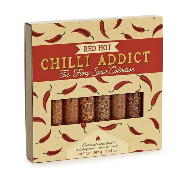 Boxed chili spice collection with red pepper graphics