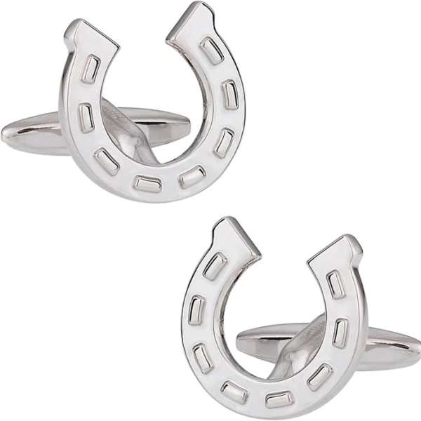 Pair of silver horseshoe cufflinks on a white background