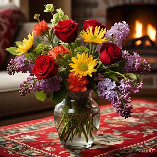 Bouquet of red roses, yellow daisies, and purple lilacs in a glass vase