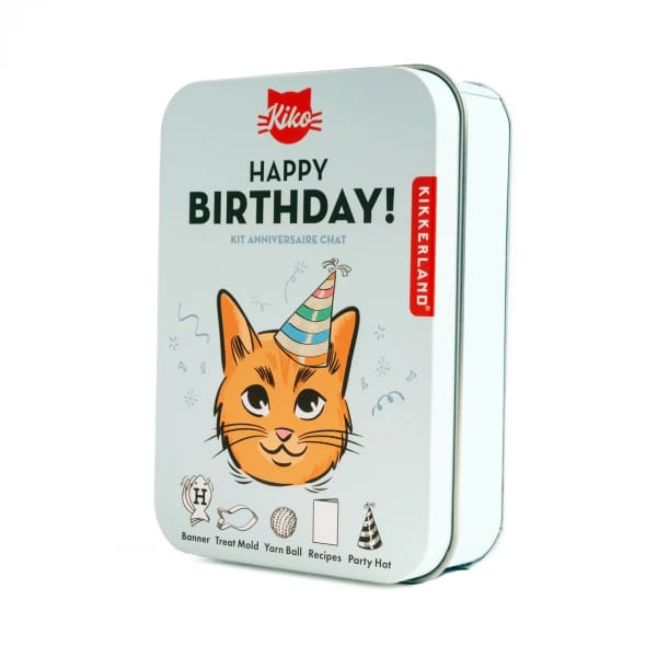 Birthday gift tin with a cat illustration and party hat