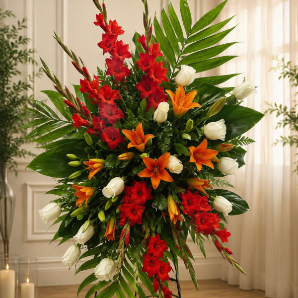 Tall floral standing spray with red and orange blooms and white roses