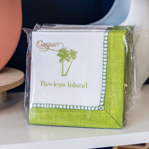 Packaged napkins with Pawleys Island text and a palm tree design