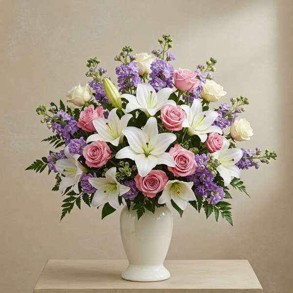 Pink roses and white lilies in a white vase