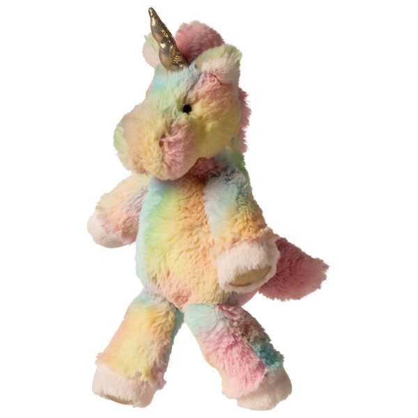 Pastel rainbow plush unicorn with a gold horn