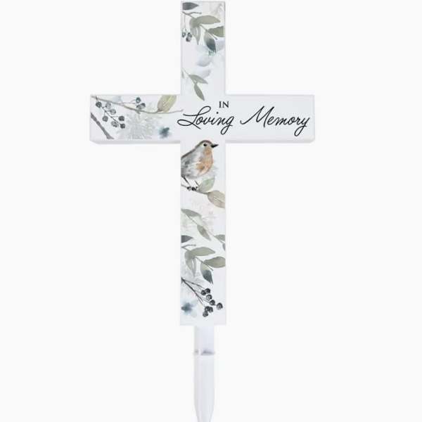 White memorial cross stake with floral bird artwork and "In Loving Memory" text
