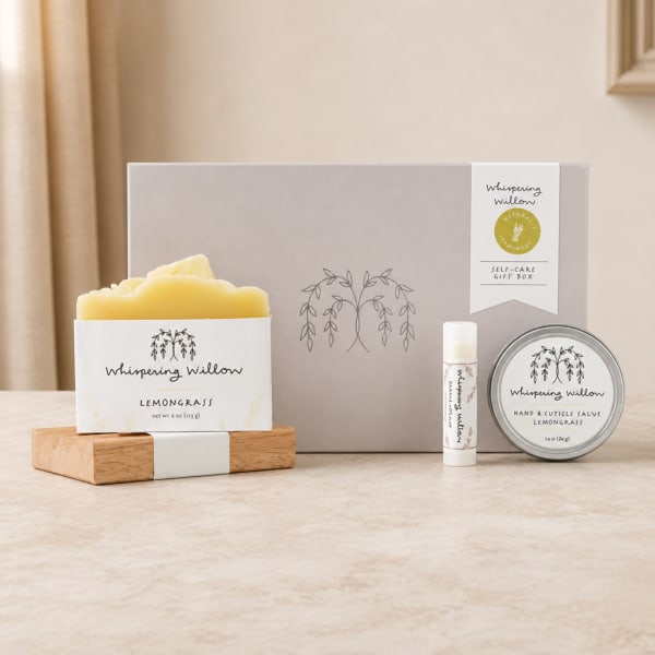 Lemongrass self-care gift box with a candle, balm, and lip product