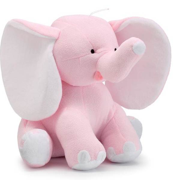 Pink plush elephant toy with white ears and feet