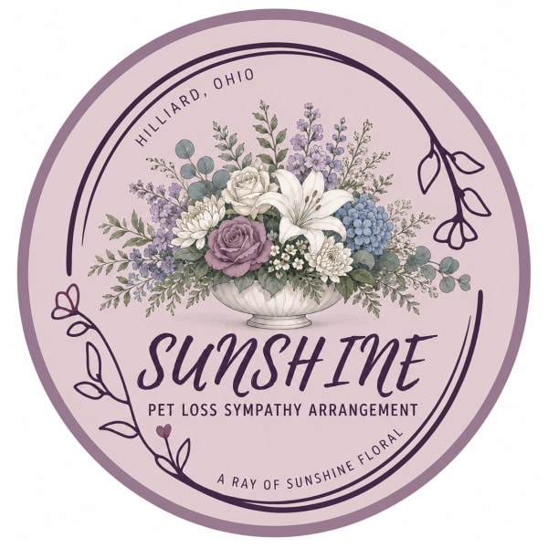Round pink label with a floral arrangement illustration and pet loss sympathy text