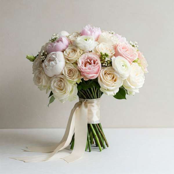 Bouquet of pale pink and white roses tied with a cream ribbon