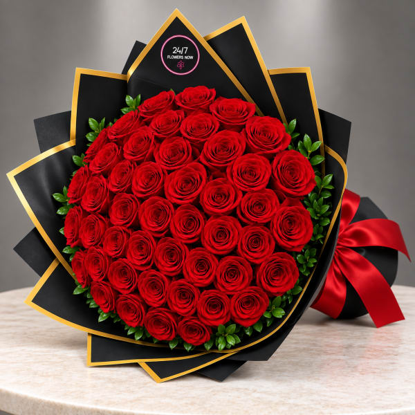 Bouquet of red roses wrapped in black paper with gold trim and a red ribbon