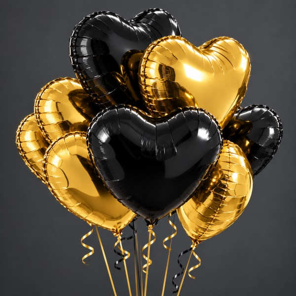 Cluster of black and gold heart-shaped balloons with curling ribbons